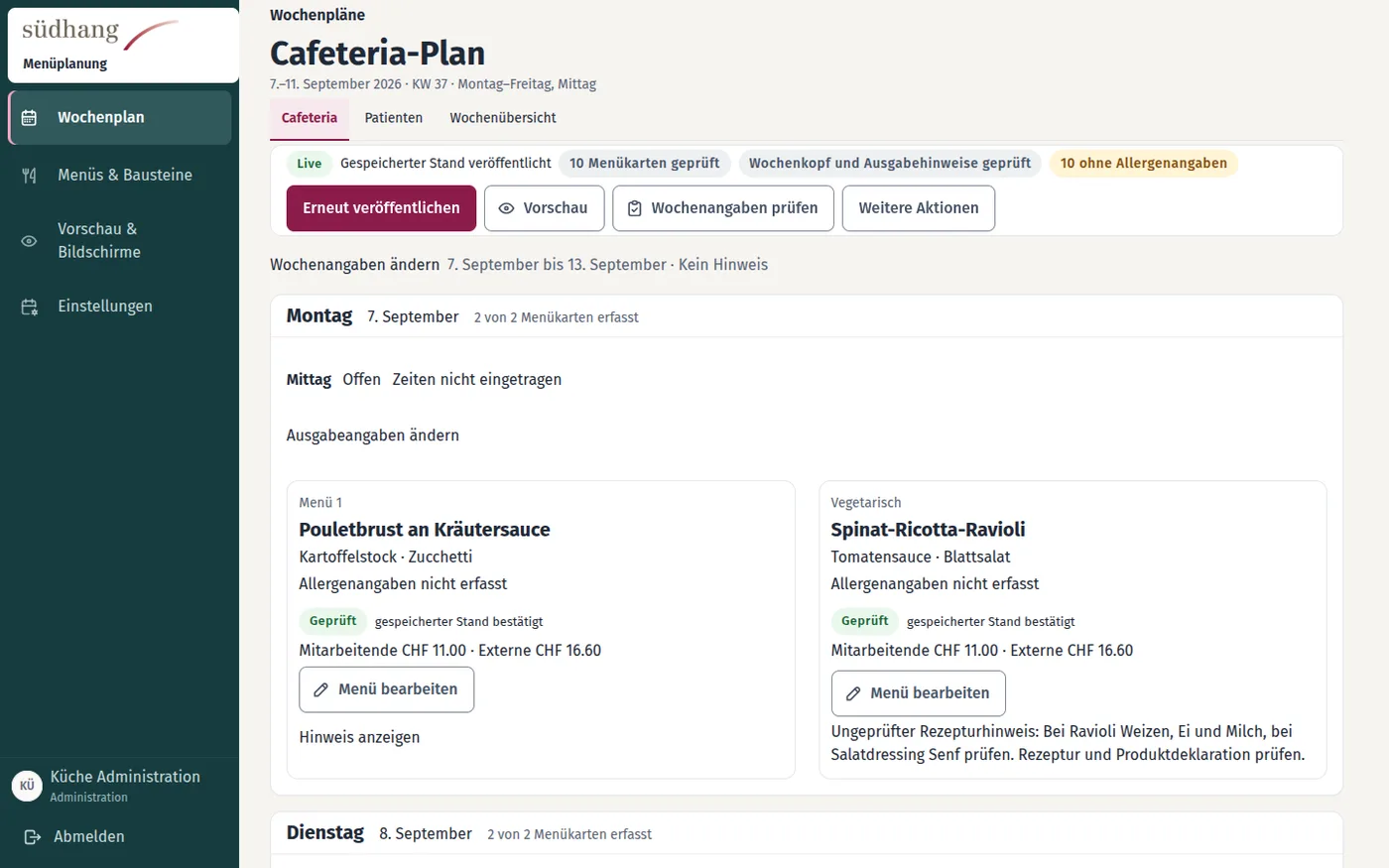 Admin-Backend Cafeteria: Wochenübersicht mit Entwurfs- und Publikationsstatus