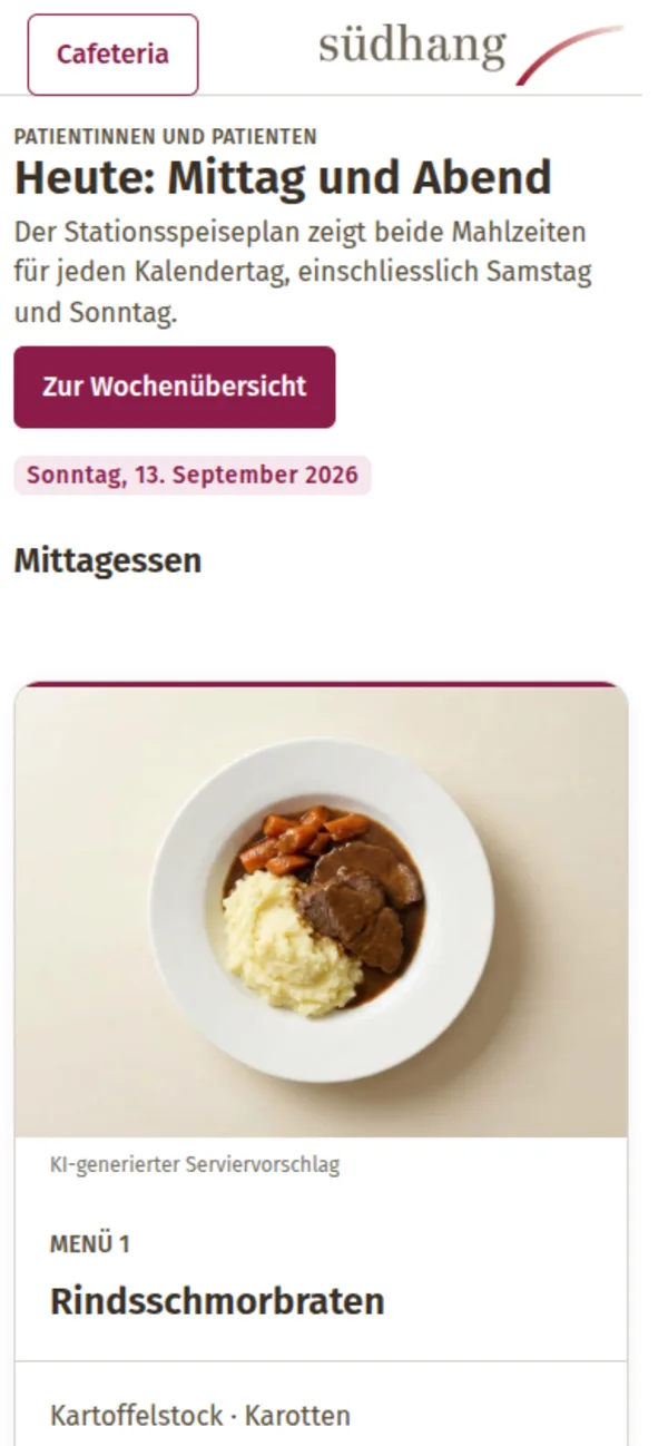 Patienten-Tagesansicht auf dem Smartphone: Menü 1 und vegetarische Auswahl