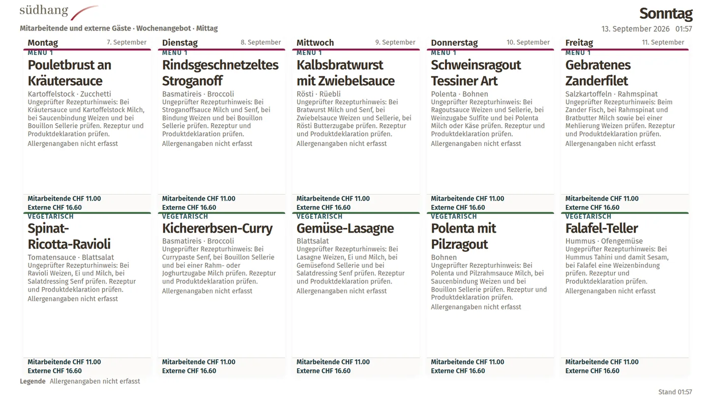 Signage-Wochenansicht Cafeteria: Montag bis Freitag, 1920 × 1080