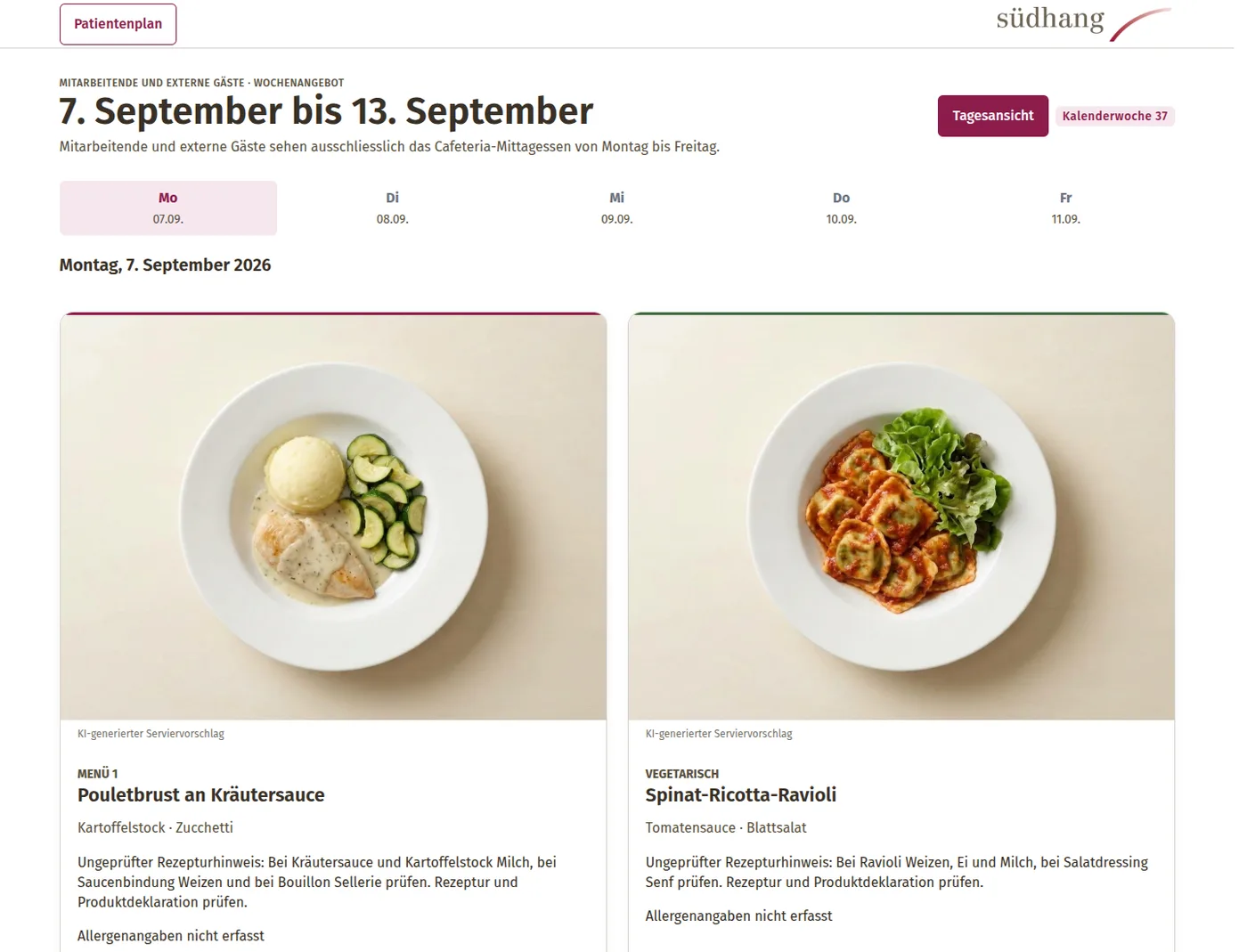 Cafeteria-Wochenangebot KW 37 mit zwei Menükarten, Live-Aufnahme vom 13. September 2026