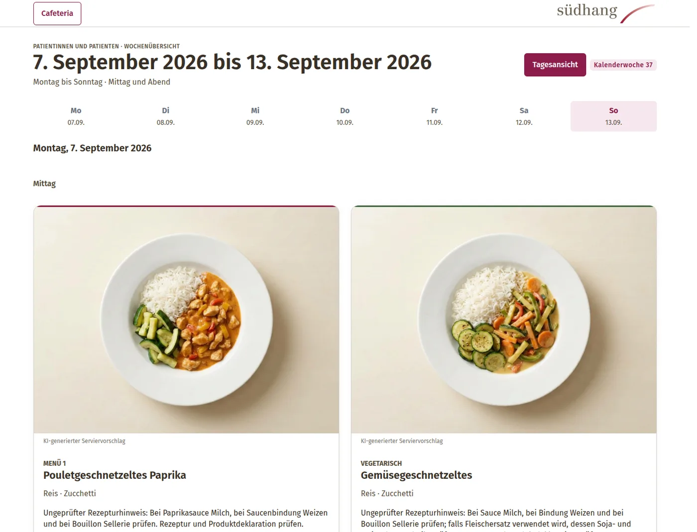 Patienten-Wochenplan im Browser: sieben Tage, Menü 1 und vegetarisch pro Tag, ohne Preise